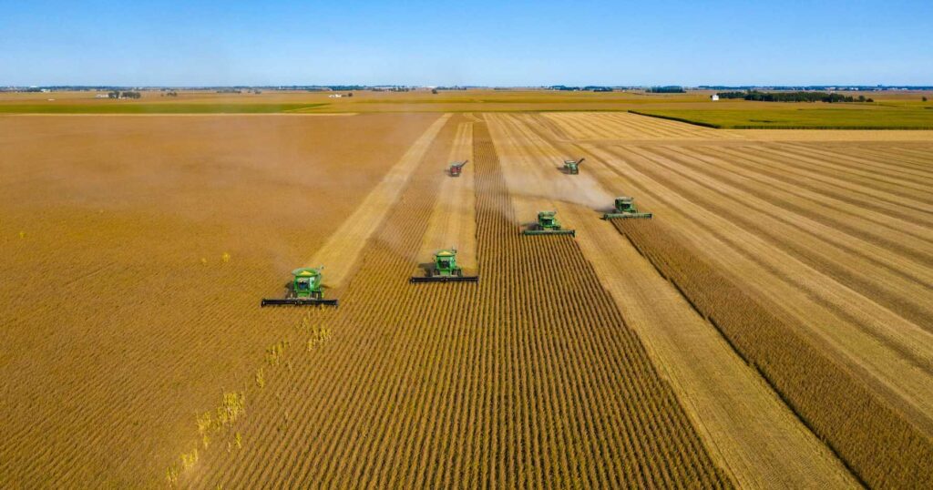 Harvest of a large monoculture crop field with multiple farm machines
