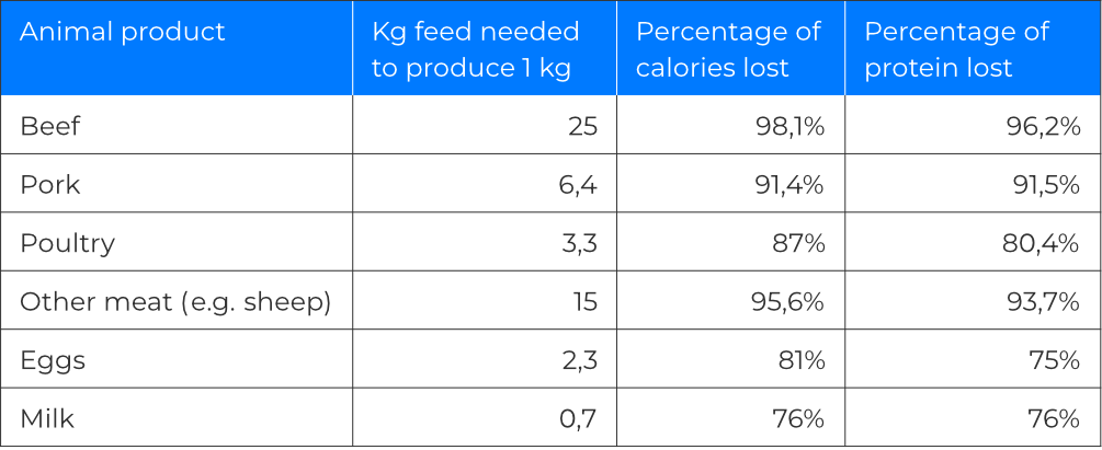 Table showing the conversion efficiency of feed into the animal products meat, dairy, and eggs