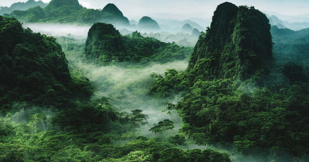 Tropical rainforest with steep mountains and fog