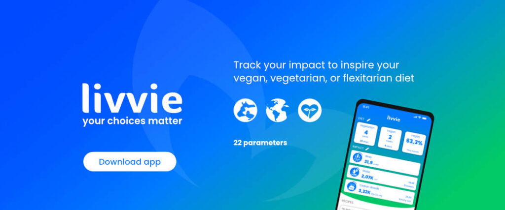The Livvie diet impact calculator tracks your impact on animals, the planet, and health to inspire your vegan, vegetarian, or flexitarian diet